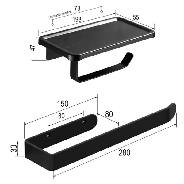 Toallero U y Portarrollos con bandeja superior, de aluminio acabado negro mate  Colocación con tornillos o adhesivo - Imagen 10
