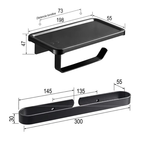 Toallero C y Portarrollos con bandeja superior, de aluminio acabado negro mate  Colocación con tornillos o adhesivo - Imagen 11