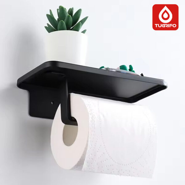 Portarrollos con bandeja superior para baño, aluminio acabado negro mate  Colocación con tornillos o adhesivo - Imagen 4