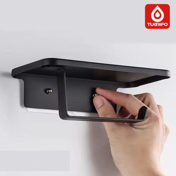 Portarrollos con bandeja superior para baño, aluminio acabado negro mate  Colocación con tornillos o adhesivo - Imagen 6