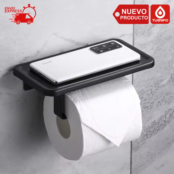 Portarrollos con bandeja superior para baño, aluminio acabado negro mate  Colocación con tornillos o adhesivo